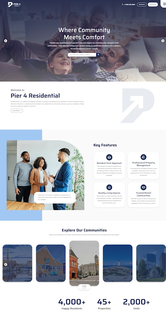 A webpage with a blue and white color scheme showcasing various sections including a header with the text 'Where Community Meets Comfort', a section titled 'Pier 4 Residential', and other content related to residential living.