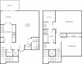 Two story floor plan with two bedrooms and two baths at The Colony Apartments, Universal City, 78148