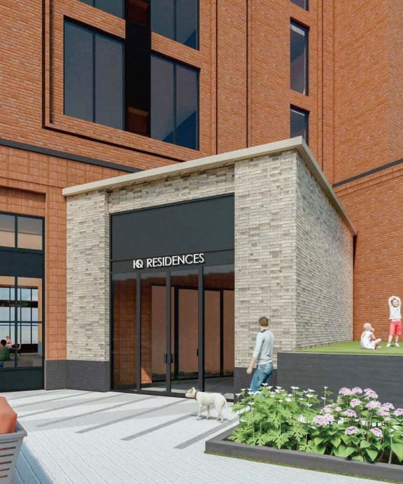 a rendering of the exterior of a building with people and a dog