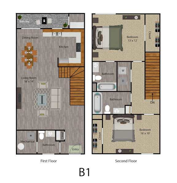 2D Floor Plan 2 Bedroom Townhome
