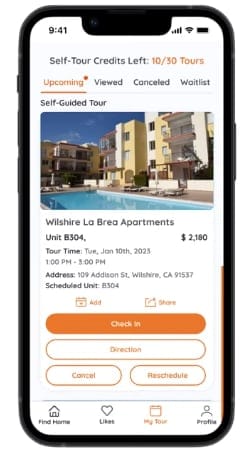 A phone screen displays a self-guided tour option for Wilshire La Brea Apartments.