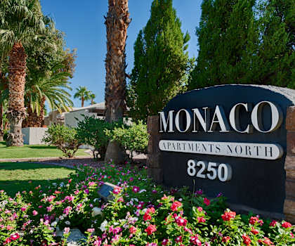 Front Entrance Sign to Apartment Complex at Monaco at McCormick Ranch, Scottsdale, AZ