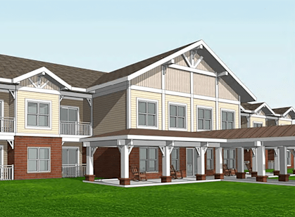 A rendering of a two-story apartment building with a covered porch.