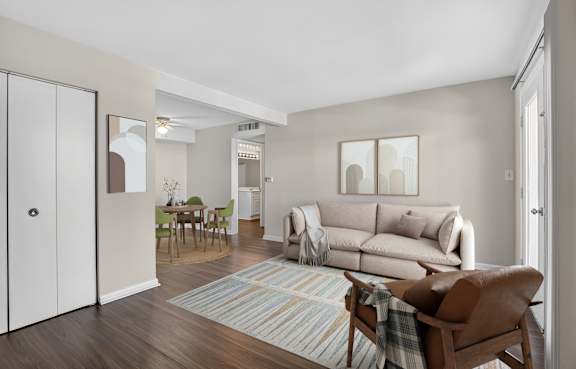A living room with a couch, chair, and rug.