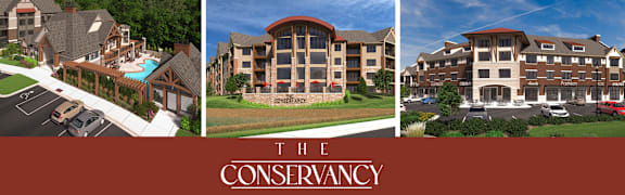 The Conservancy showcases a variety of modern residential buildings.