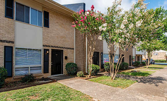 A building with a black door and windows with a tree in front.
