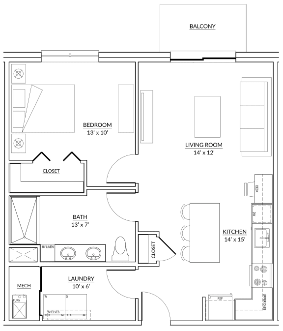Lincoln Style C - 1 bed, 1 bath apartment floor plan