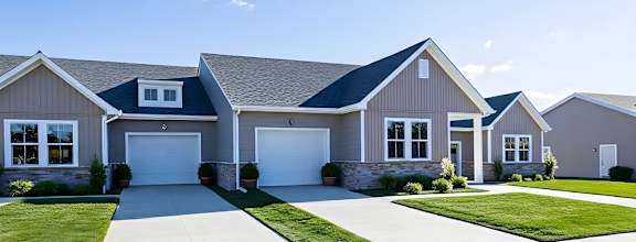 A row of houses with garages and driveways.