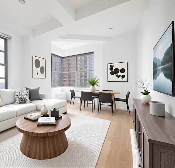 A white chair sits in a living room with a white couch and a white coffee table.at 21 West, New York