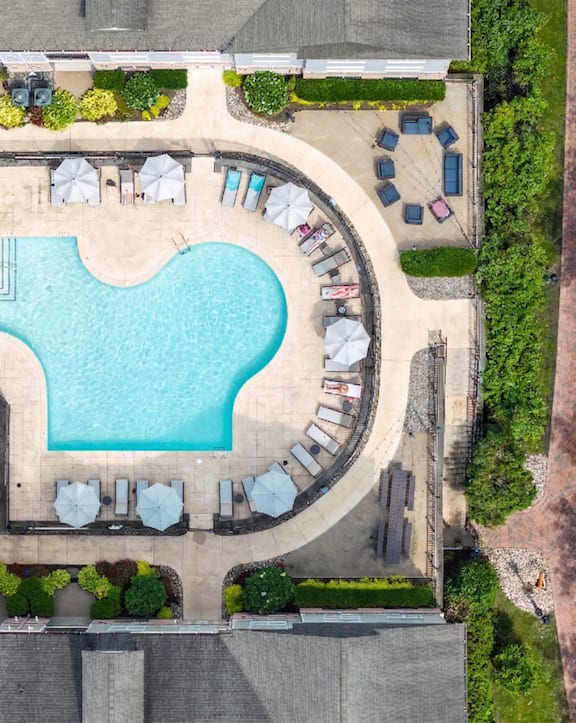 Aerial Pool View at Merion Riverwalk Apartment Homes, Shelton, CT, 06484