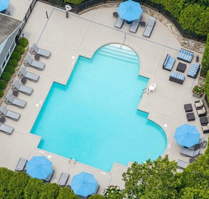 A large swimming pool surrounded by lounge chairs and umbrellas.