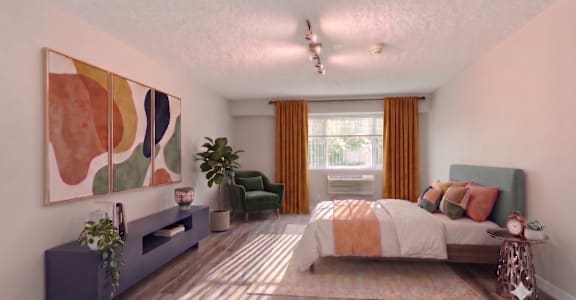 A bedroom with a bed, a chair, a plant, and a painting on the wall.
