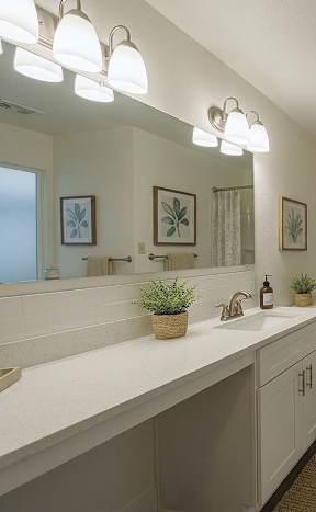 A bathroom with a white countertop and a white sink.