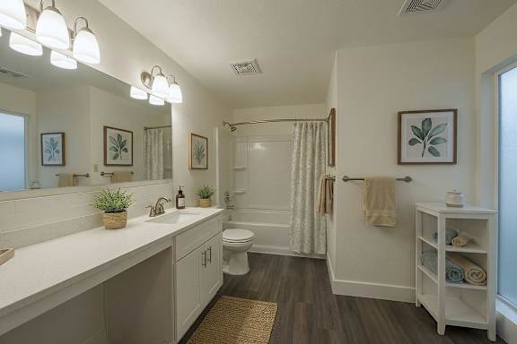 A bathroom with a white countertop and a white sink.