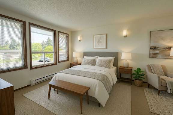 A bedroom with a large bed, a chair, and a window with blinds.
