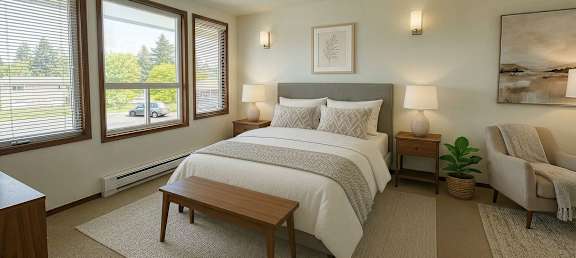 A bedroom with a large bed, a chair, and a window with blinds.