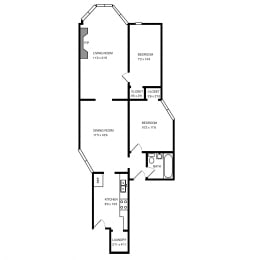 A floor plan of a house with a living room, dining room, kitchen, two bathrooms, and three bedrooms.
