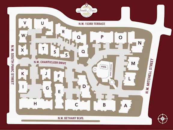 A map of a resort with a pool and a compass rose.