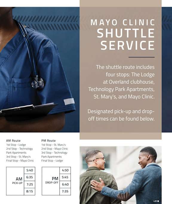 A flyer for the Mayo Clinic Shuttle Service, showing a doctor and a patient, with a schedule for pick-up and drop-off times.