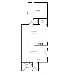 A black and white image of a floor plan for a home with a bedroom, closet, living room, eat-in kitchen, and bathroom.