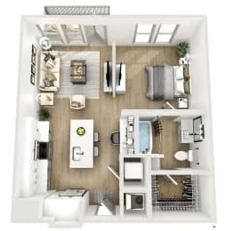 A top down view of a small apartment with a kitchen, living room, and bathroom.