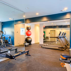 a gym with cardio equipment and weights in a room with mirrors