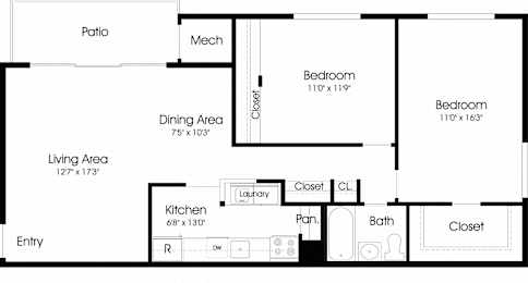  Floor Plan Manor East 2BR 1BA (900sf)