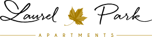 an illustration of a yellow maple leaf with the words Laurel Park Apartments.