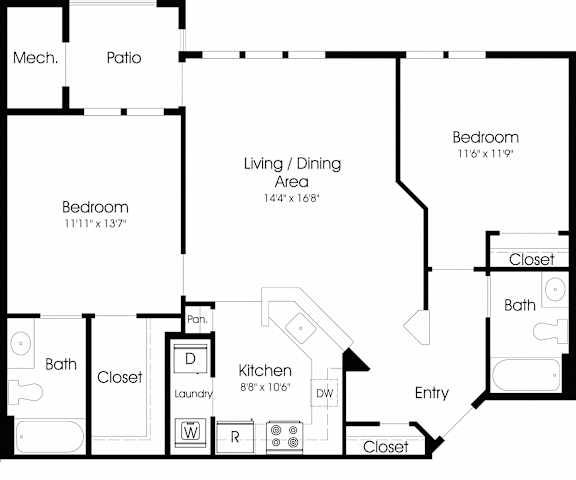2 Bedroom Floor Plan at The Apartments at Cambridge Court, Maryland, 21237