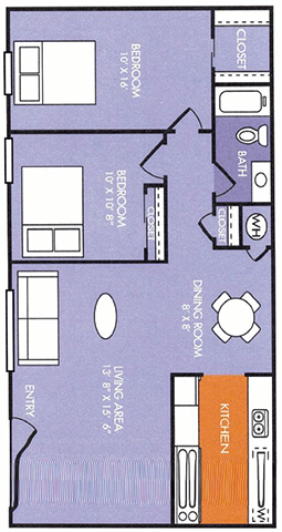 A floor plan of a house with a kitchen, dining room, and bathrooms.