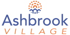 the logo for ashbrook village is shown in blue and orange