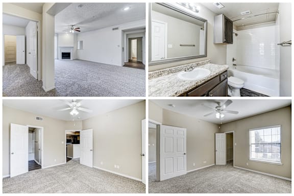 Four images of a room with a ceiling fan and a bathroom.