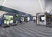 Thumbnail 2 of 6 - A gym with treadmills, weights, and exercise equipment.