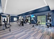 Thumbnail 4 of 6 - A gym with a variety of equipment including treadmills, weights, and exercise machines.