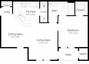 1 Bedroom Floor Plan at The Apartments at Cambridge Court, Rosedale, MD