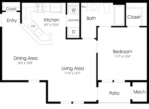1 Bedroom Floor Plan at The Apartments at Cambridge Court, Rosedale, MD