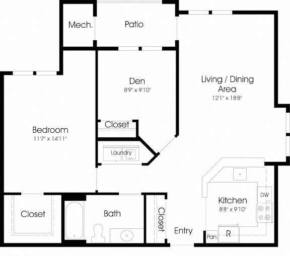 1 Bedroom 1 Bathroom Floor Plan at The Apartments at Cambridge Court, Rosedale