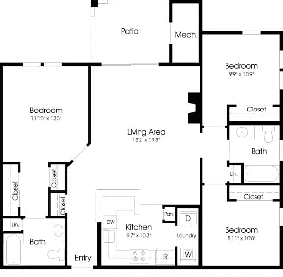 3 Bedroom Floor Plan at The Apartments at Cambridge Court, Rosedale
