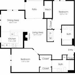 2 Bedroom 2 Bath Floor Plan at The Apartments at Cambridge Court, Rosedale, 21237