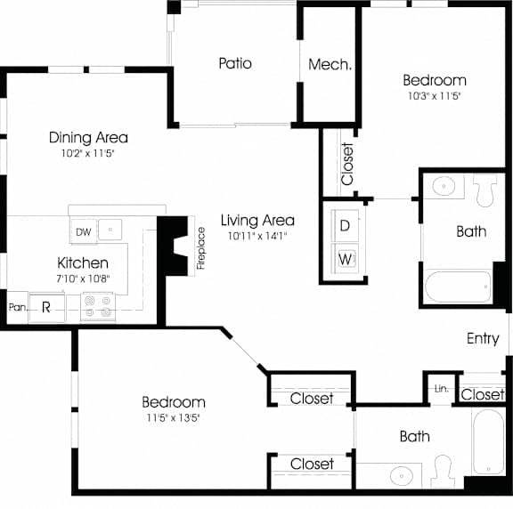 2 Bedroom 2 Bath Floor Plan at The Apartments at Cambridge Court, Rosedale, 21237