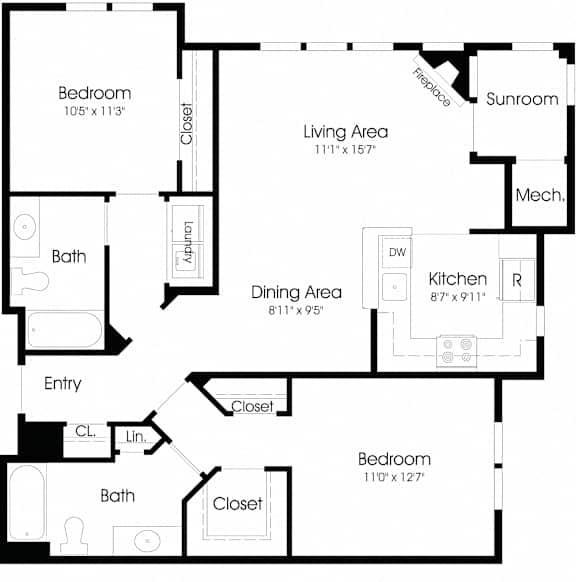 2 Bed 2 Bath Floor Plan at The Apartments at Cambridge Court, Rosedale, MD