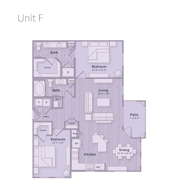 A floor plan of a unit with a bedroom, bathroom, living room, kitchen, and dining area.