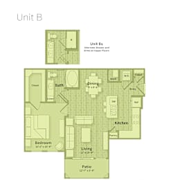 A floor plan of a unit with a bedroom, bathroom, kitchen, dining area and living room.