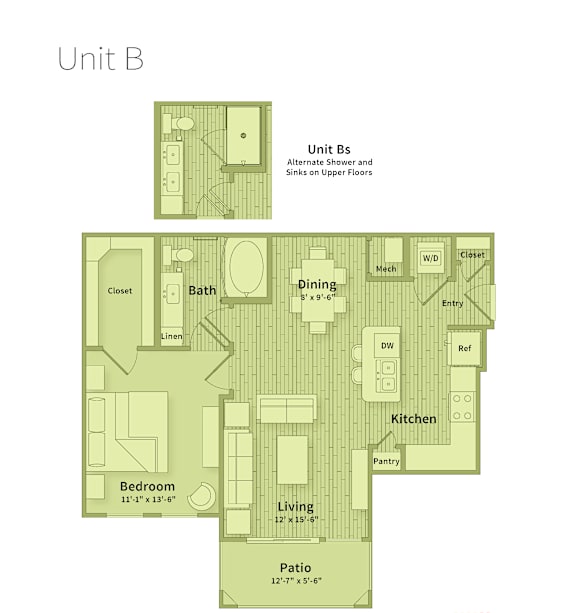 A floor plan of a unit with a bedroom, bathroom, kitchen, dining area and living room.