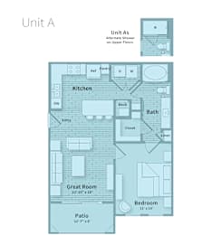 A blueprint of apartment layout with a kitchen, bathroom, and bedroom.