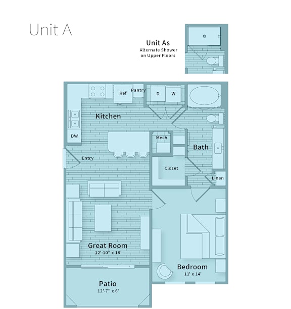 A blueprint of apartment layout with a kitchen, bathroom, and bedroom.