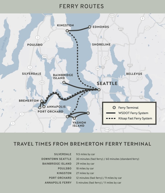 a map of travel times ferry terminal at Rivulet, Silverdale, 98383
