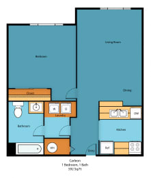 One Bedroom One Bath Floor Plan at Excalibur Apartment Homes, Bellevue, 98004