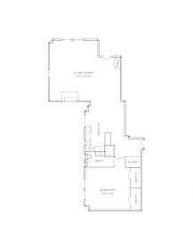 this black and white floor plan is an approximation of a 1 bedroom apartment