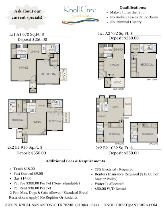 A flyer for KnollCrest Apartments with information on rentals and additional fees.